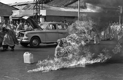 Journalist Malcolm Browne's photograph of Thich Quang Duc during his self-immolation; Wikipedia commons