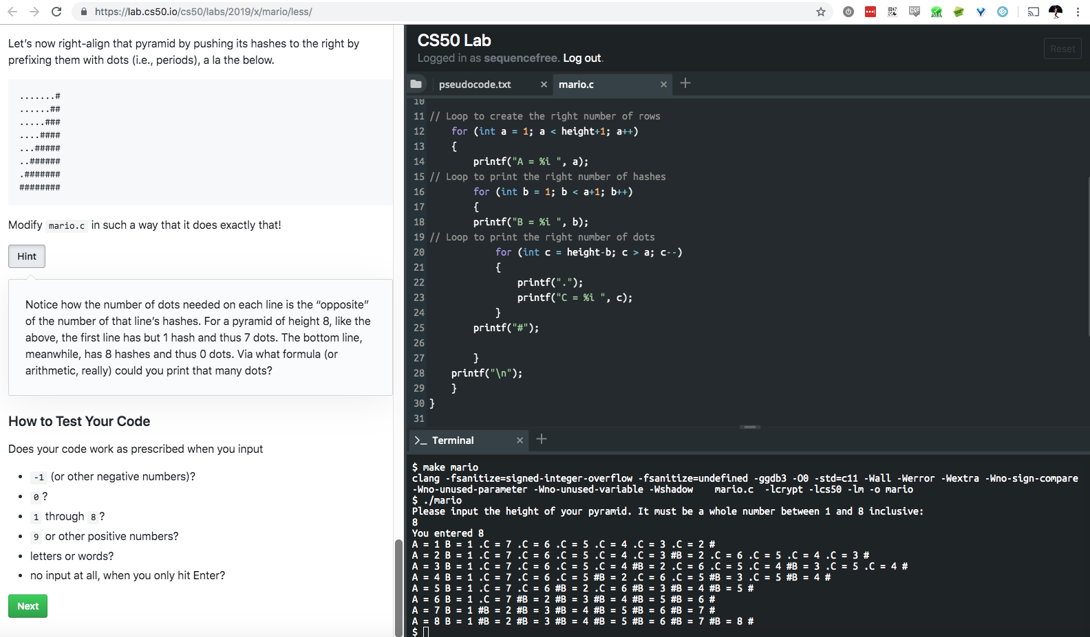 Code for nested loops to print right-aligned pyramid