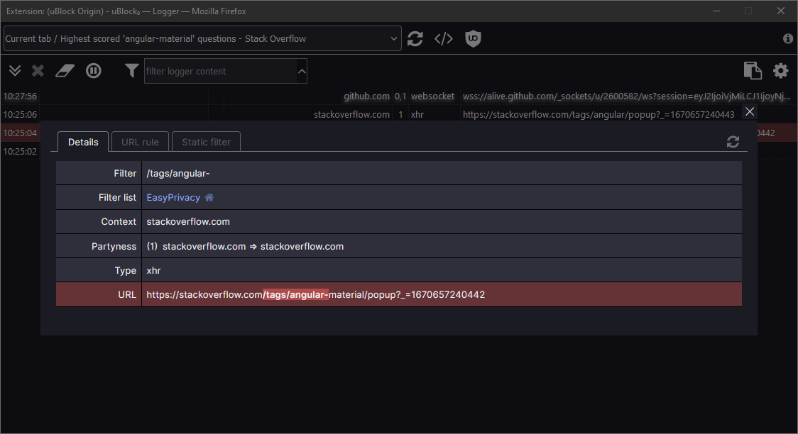 Screenshot showing the details of the blocked request It shows the filter was "/tags/angular-" and the filter list was "EasyPrivacy