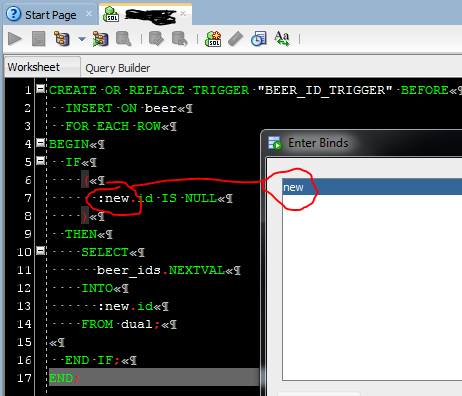 SQL*Developer asks for BIND value for "new"