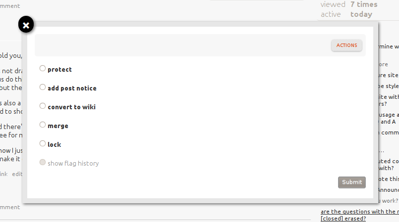 mod actions for questions: protect, add post notice, convert to wiki, merge, lock, show flag history