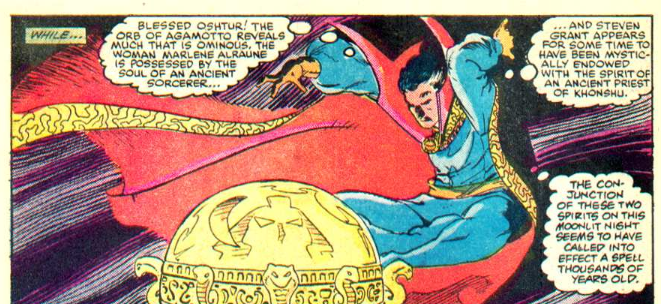 Strange uses the Orb of Agamotto and finds out: ...And Steven Grant appears some time to have been mystically endowed with the spirit of an ancient priest of Khonshu