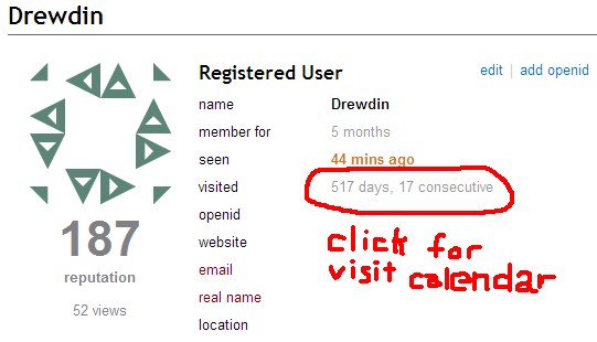 user profile with link to visit calendar highlighted