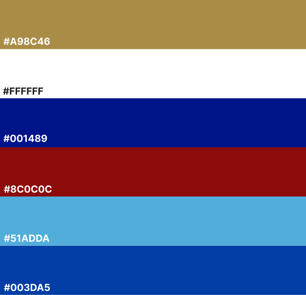 Proposed (bold) colour palette for the German Language Stack Exchange site, incorporating 6 colors: gold (#A98C46), white (#FFFFFF), dark blue (#001489), red (#8C0C0C), light blue (#51ADDA), and cobalt blue (#003DA5).