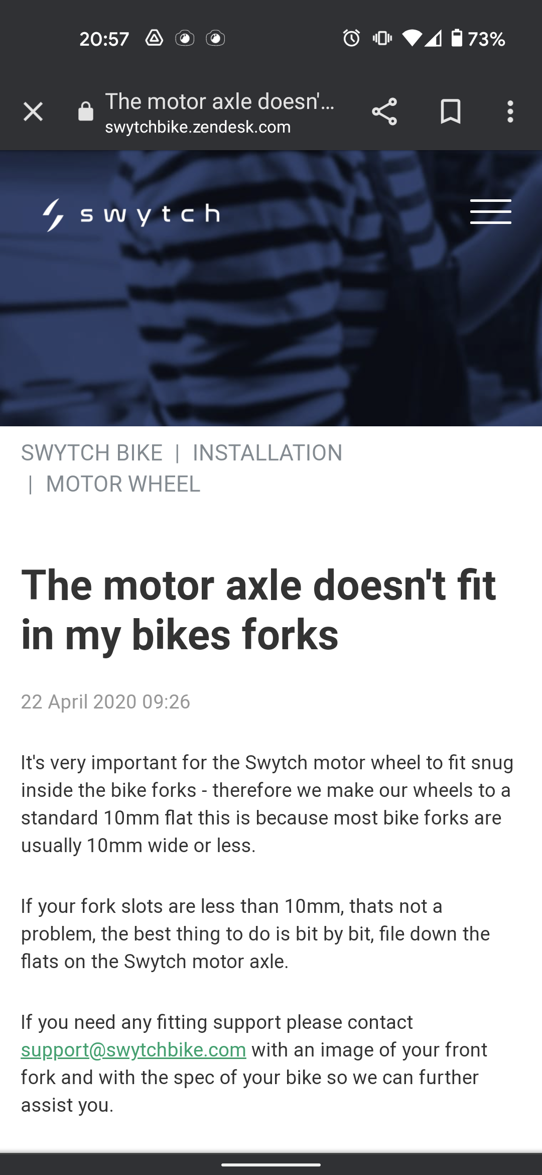 Screenshot of defunct help page instructing "If your fork slots are less than 10mm, thats (sic) not a problem. The best thing to do is bit by bit file down the flats on the Swytch motor axle"