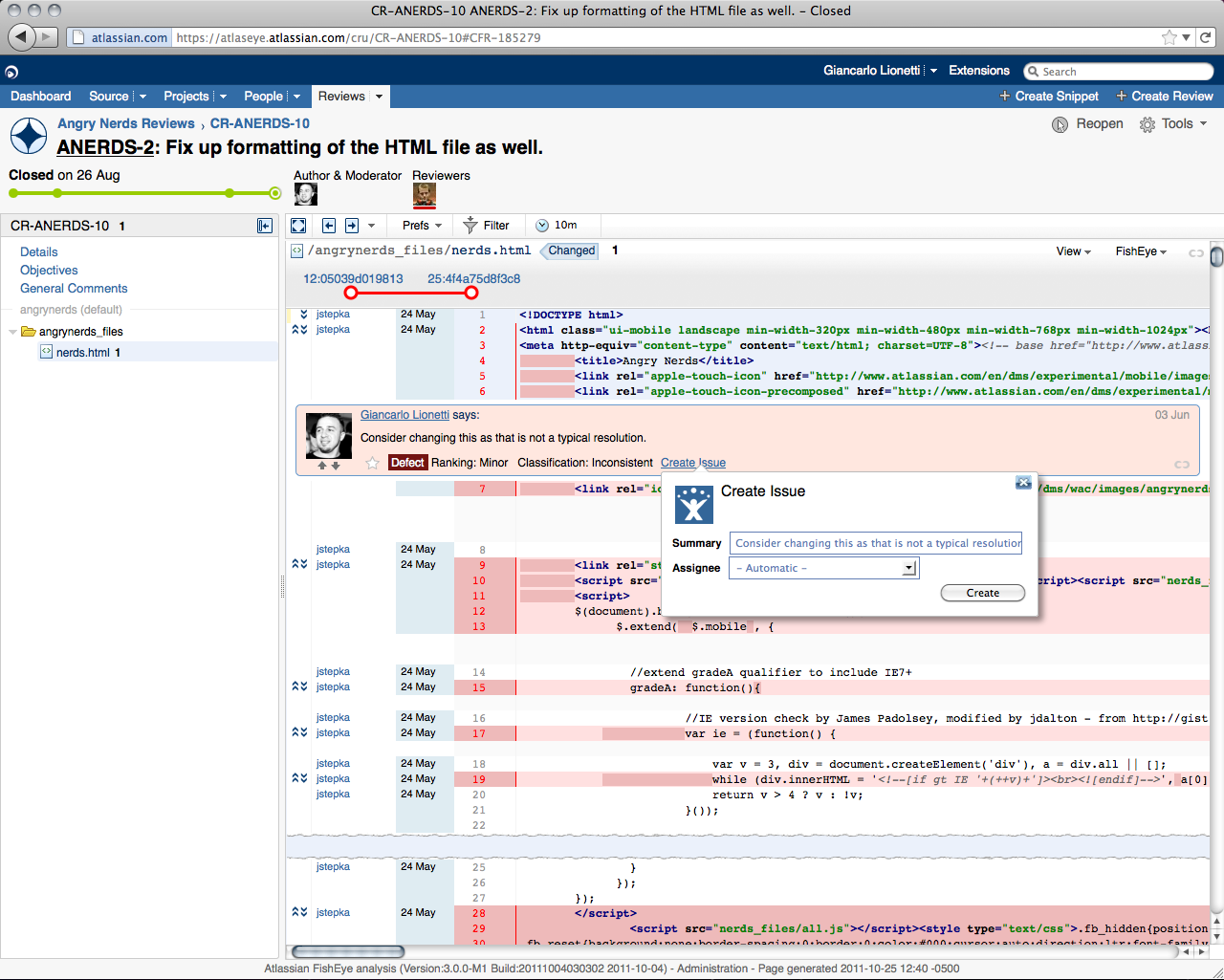 Atlassian Crucible used to open a nez JIRA ticket for a follow-up action after a review.