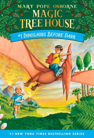 Cover of "Dinosaurs before Dark", showing Jack riding a pterodactyl with Annie running on the grass below, and a volcano spewing in the background. The top of the cover is a dark green leaf background with the title and author.