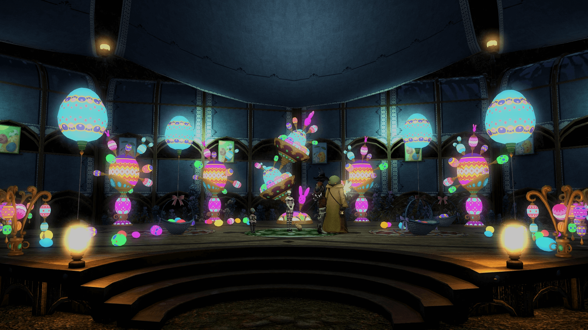 Mih Khetto's Amphitheatre decked out for Hatching-tide 2023 (Eorzea's version of Easter) in final fantasy xiv, featuring a special guest this year, a big Tonberry