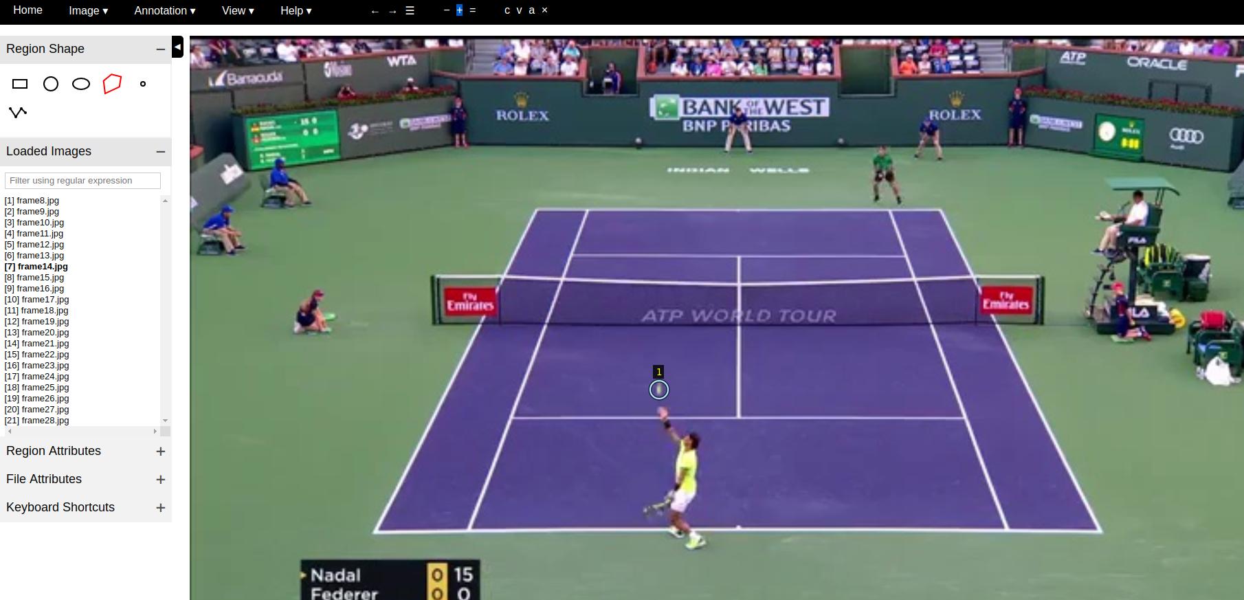 VGG annotation tool on tennis video frame