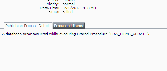 A database error occurred while executing Stored Procedure "EDA_ITEMS_UPDATE".