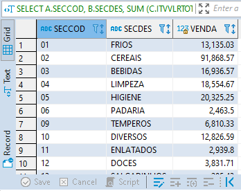 Resultado Query acima, exibindo valores de venda agrupados por secao