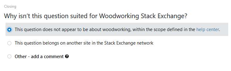 screen grab of Woodworking's "off topic" close reason screen
