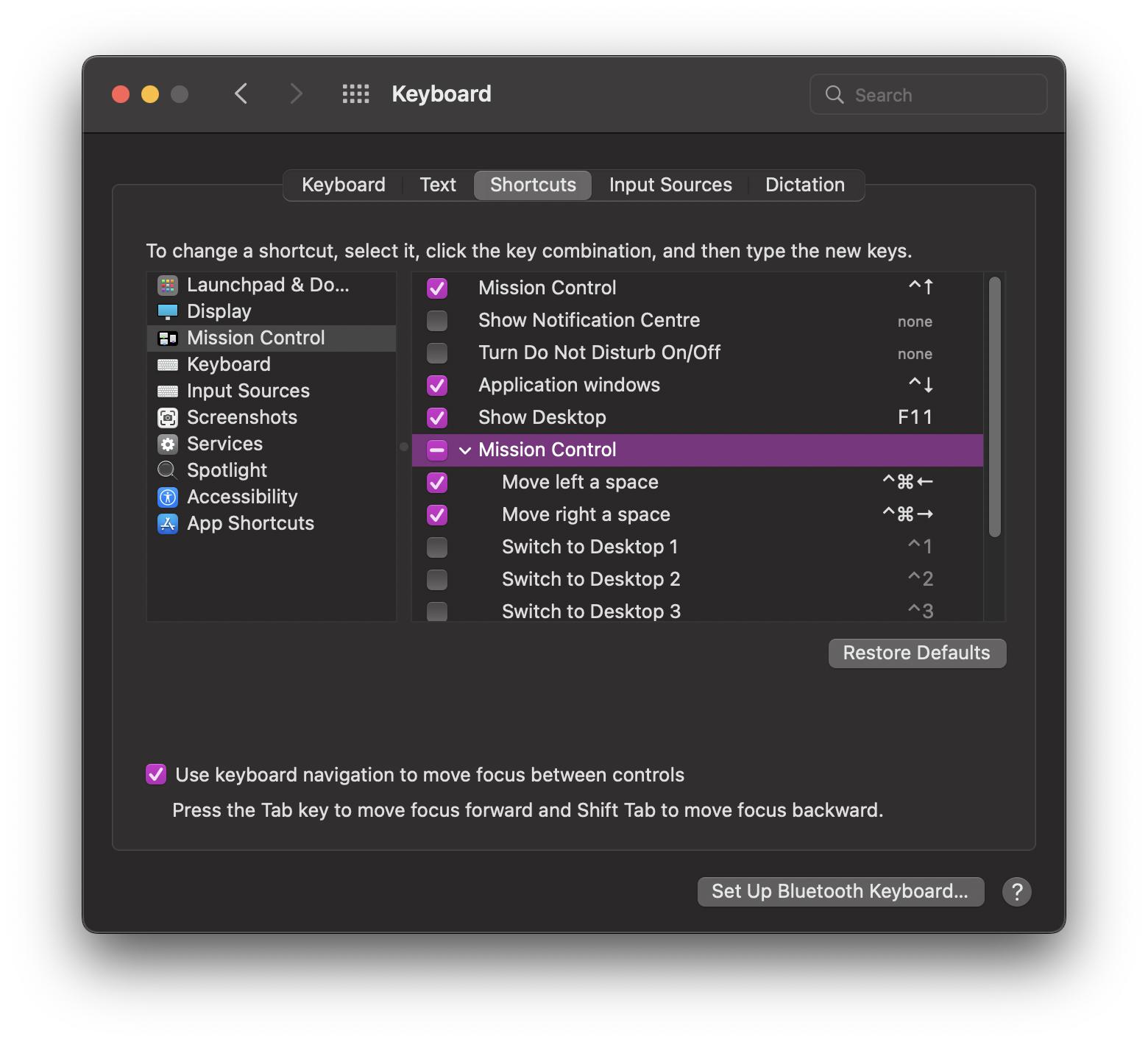 Screenshot of Keyboard Preferences showing the Shortcuts tab