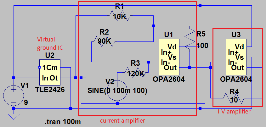 current amplifier circuit with the output current feeding into the transimpedance amplifier (I-V amplifier).