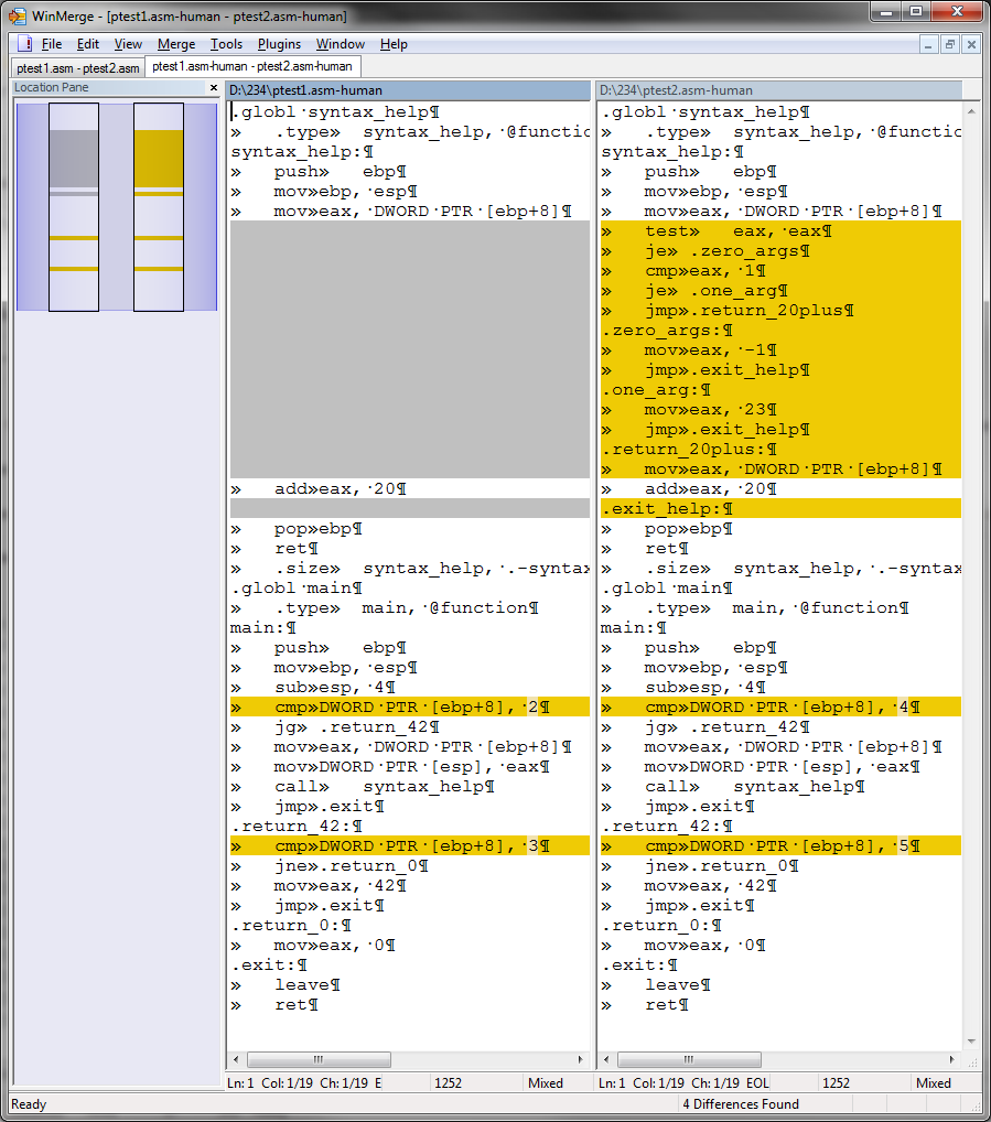 WinMerge diff of ptest1.asm-human and ptest2.asm-human