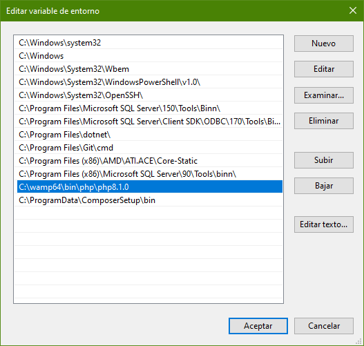 Ruta de instalación de PHP 8 en las variables del sistema