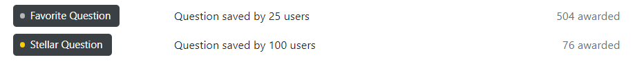 Image of the Favorite Question and Stellar Question badges with their descriptions having the "saved" verbiage instead of "bookmarked"