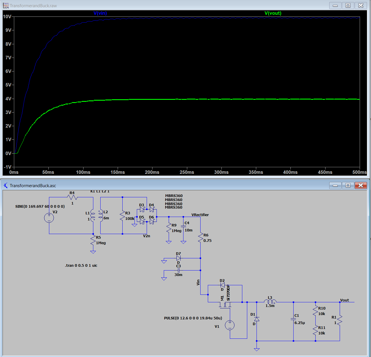 Transformer and rectifier with buck converter 