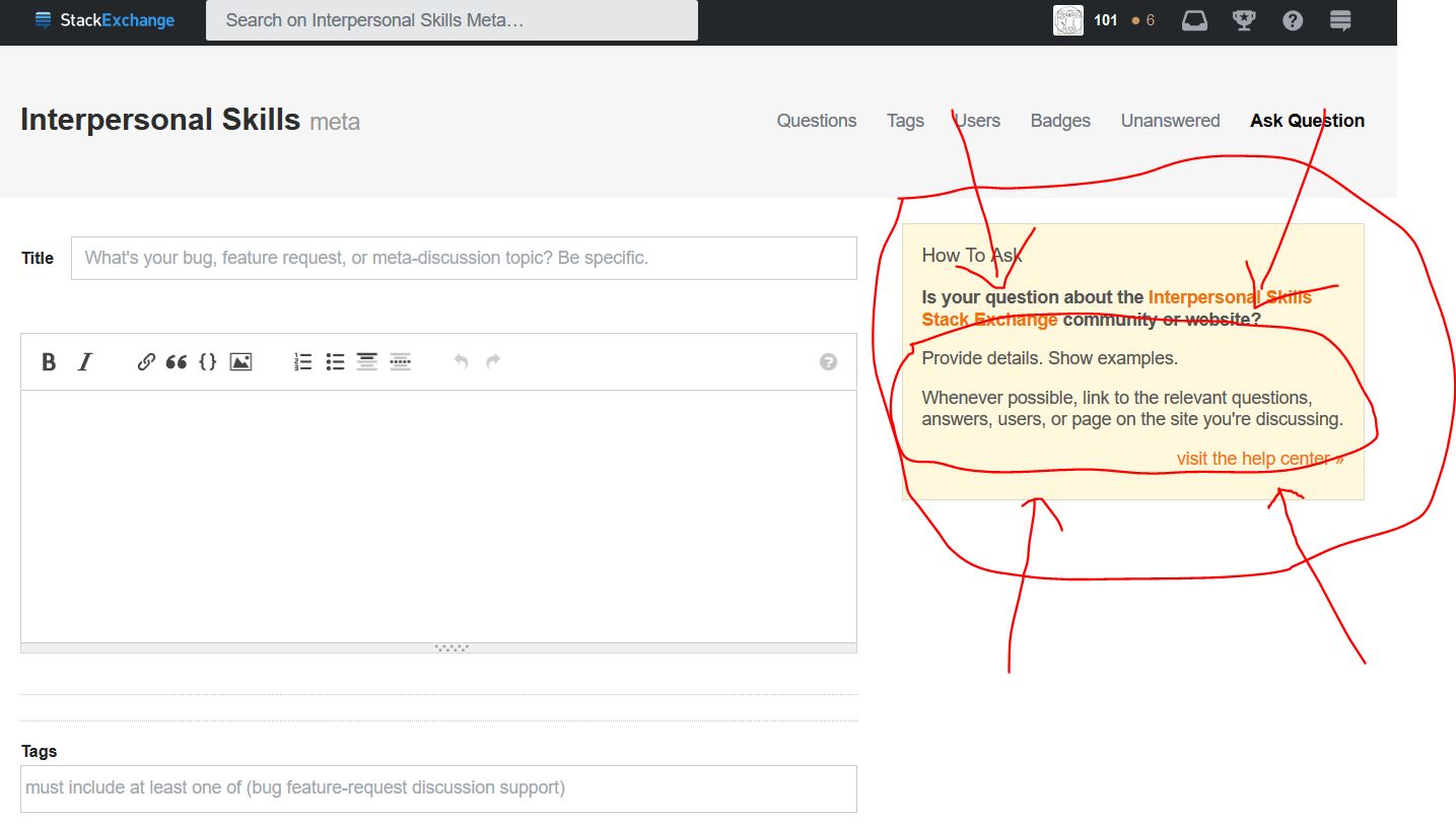 A picture of the ask a question page on a meta site. The help texts, which is circled in this screenshot, reads "Provide details. Show examples. Whenever possible, link to the relevant questions, answers, users, or page on the site you're discussing."