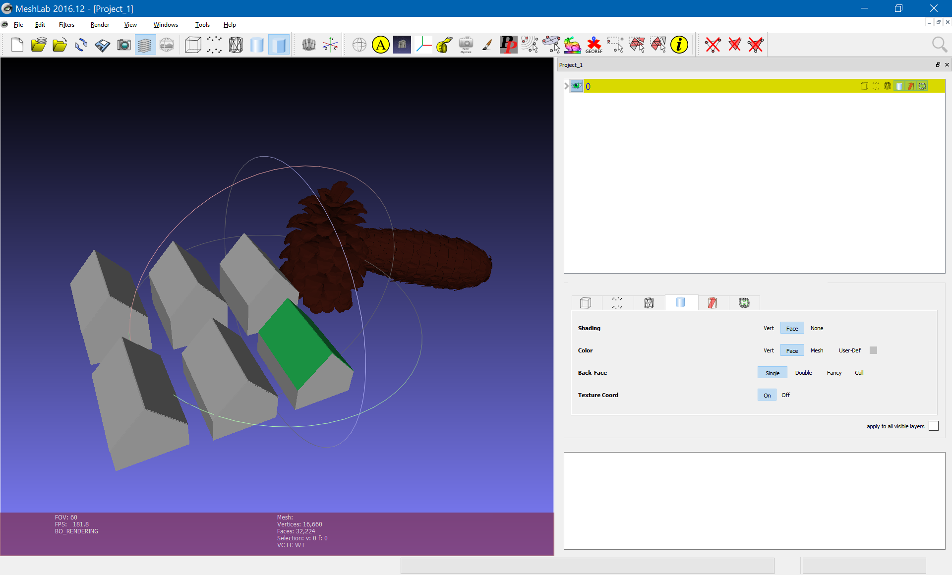 Model in MeshLab, viewing face colours