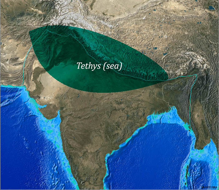 Tethys sea, landlocked by Indian and Eurasian plates, 300 Ma