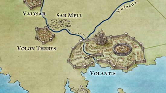 The Land of Ice and Fire map showing Volantis with an exaggerated bridge image to show the landmark not the scale