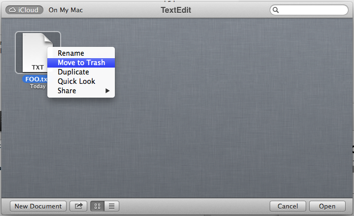 Move to Trash option in TextEdit Open dialog