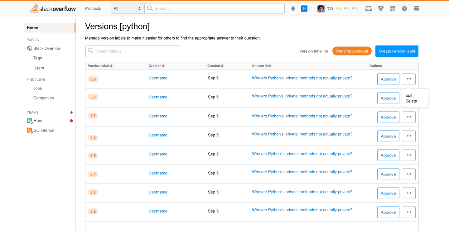 a table view of pending version labels related to python