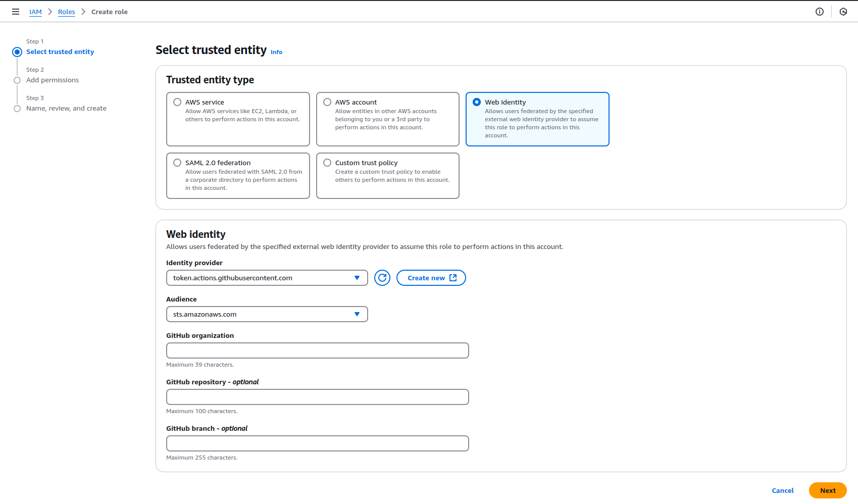 Create IAM Web Identity role