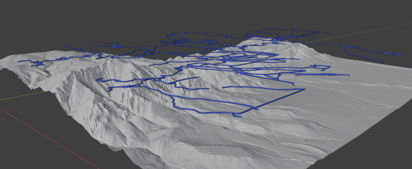 3D terrain with mountains, with many blue tubes in a plane above it