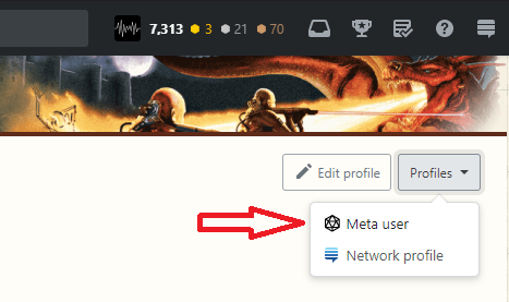 partial screenshot of mainsite user interface with "profiles" drop-down menu showing a red arrow pointing to the Meta user link