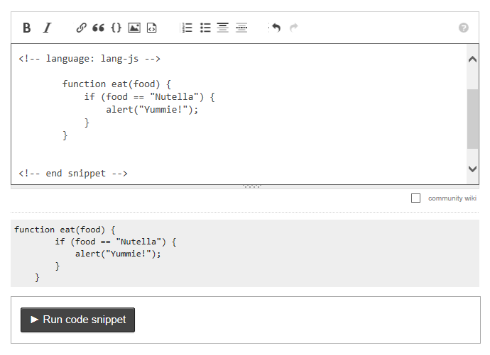 code indentation in snippet tool