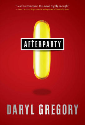 Afterparty book cover is all red with a yellow/gold pill in the centre with a black box over the top of it reading "Afterparty" in white.