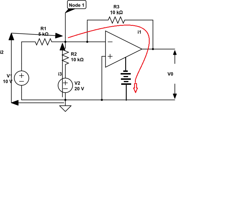 I1 flows from op-amp output to either +ve or -ve supply voltage source