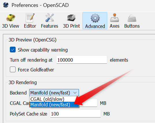 Screenshot of the OpenSCAD preferences showing the location of the option for faster 3D rendering