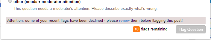 Attention: some of your recent flags have been declined - please review them before flagging this post!