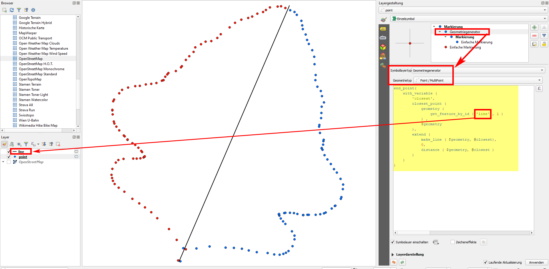 QGIS expressions mirror points line