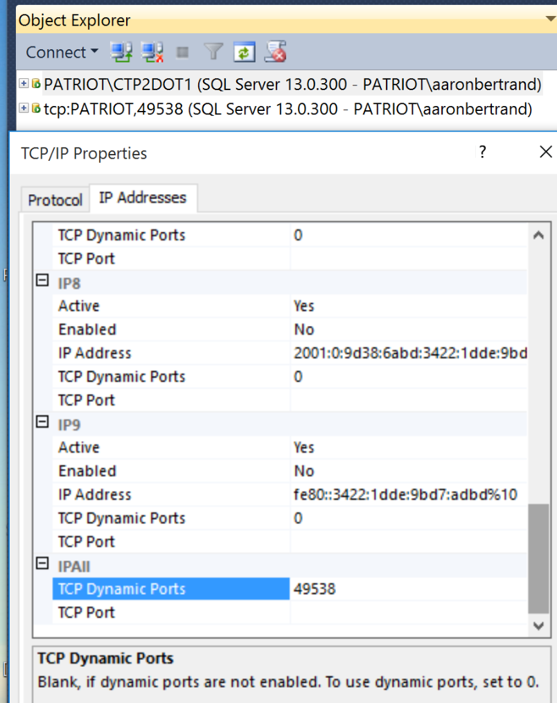 Object Explorer with two connections, one shared memory and one TCP/IP