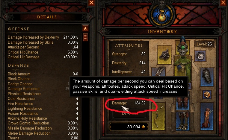 Screenshot of the character sheet with the Damage stat and value circled