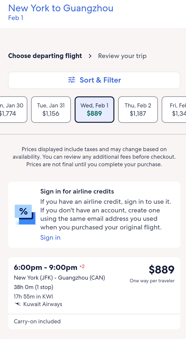 Screenshot: New York to Guangzhou Feb 1. Choose departing flight > Review your trip. Multiple options, Wed Feb 1 for $889 is selected. Details of the selected option are show below that: 6:00pm - 9:00 pm (+2), New York (JFK) to Guangzhou (CAN), 38h 0m (1 stop), 17h 55m in KWI, Kuwait Airways, $889