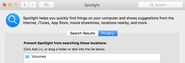 System Preferences, Spotlight, Privacy, Prevent Spotlight from searching these locations