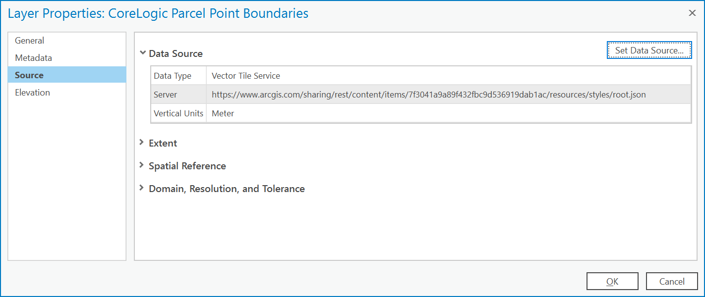 Here's the data source from the layer properties in ArcGIS Pro.