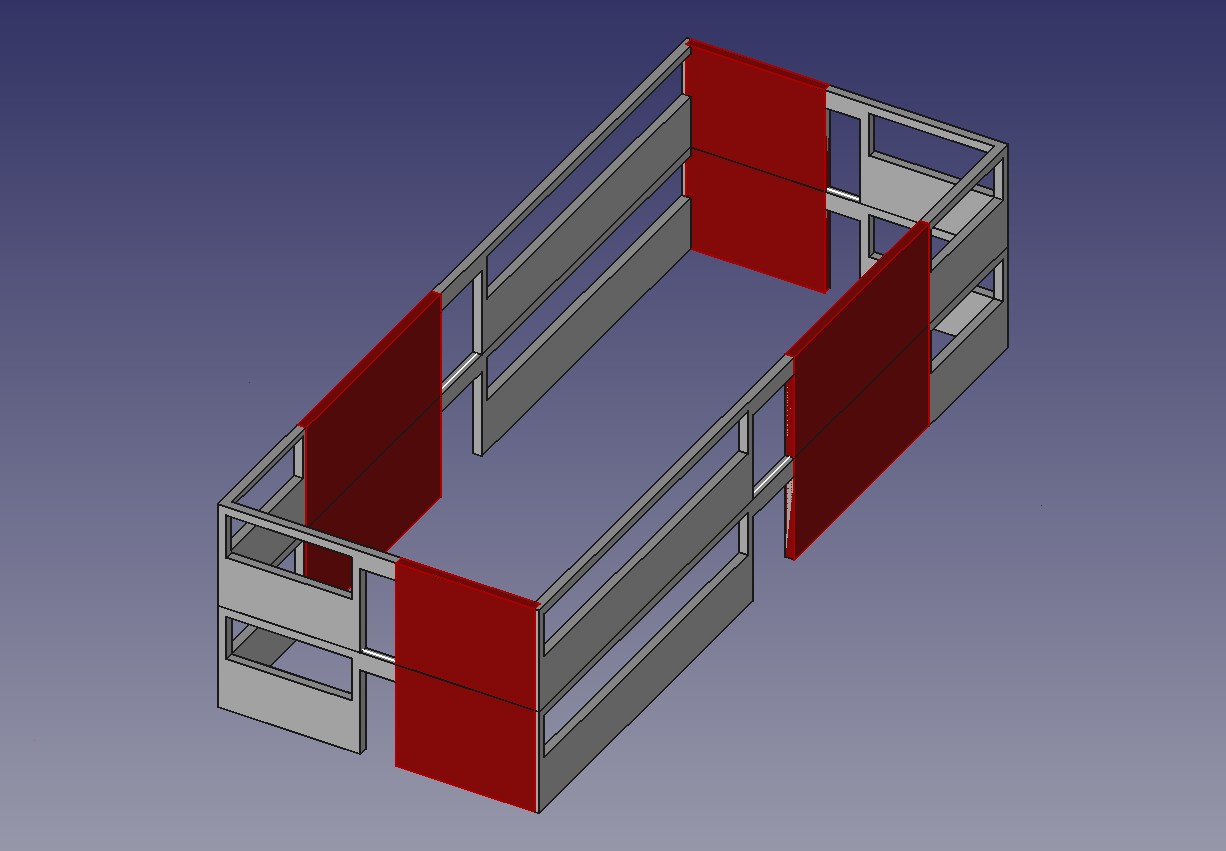 screenshot of a CAD model showing a rectangular structure with many windows and doors with 4 shear walls -- one on each exterior wall, which are rotatioally symmetric with one another