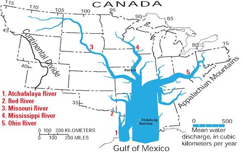 Mean water discharge in cubic kilometers per year