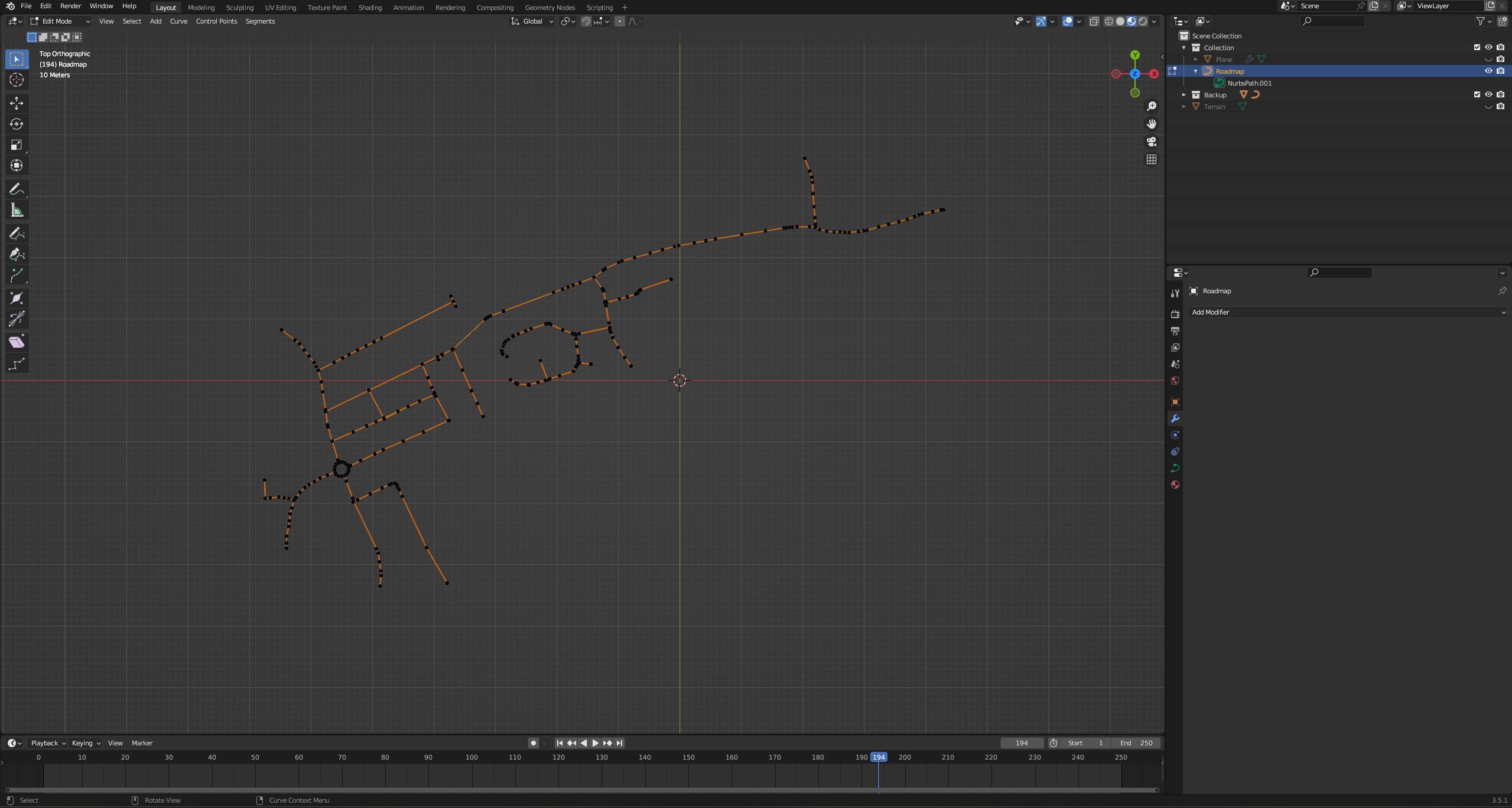 This shows the NURBS curve / path for the roads