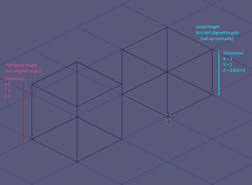 Image showing two cubes on a tiled isometric grid of camera angle 60 degrees, one of the cube perfectly aligned with the grid but with a wrong height, and the other with a good height but not aligned to grid