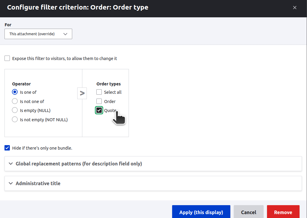 Screenshot of next modal view with cursor selecting Quote label under the Order types.