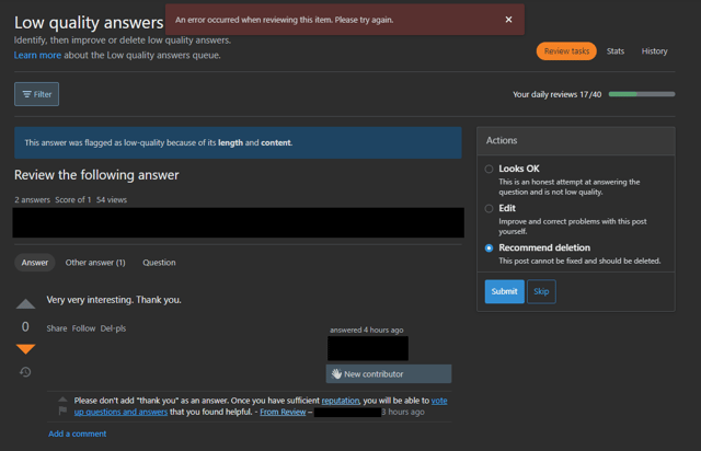 The review task with downvote button highlighted orange, Recommend deletion is selected and the error message is displayed across the top