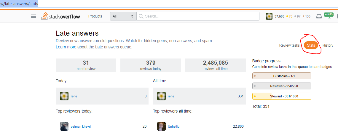 screenshot showing late answers queue with stat tab (right) highlighted and showing bronze, silver and gold badges and progress in right sidebar.