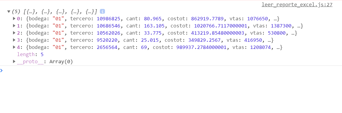 Array leido del excel